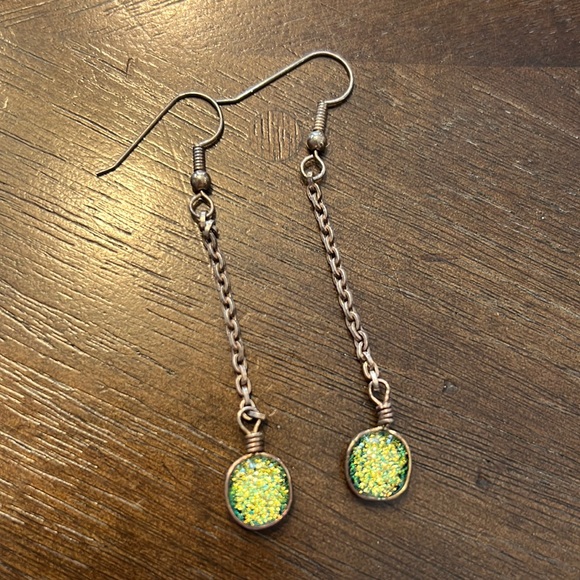 blue and green shimmery square drop earrings - Picture 1 of 2
